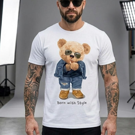 Мъжка бяла тениска - Born with Style - Swagger Bear - M173